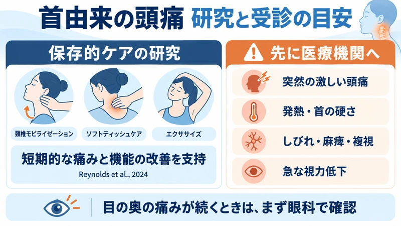 首由来の頭痛に対する保存的ケアの研究と医療機関へ相談するサインの図解