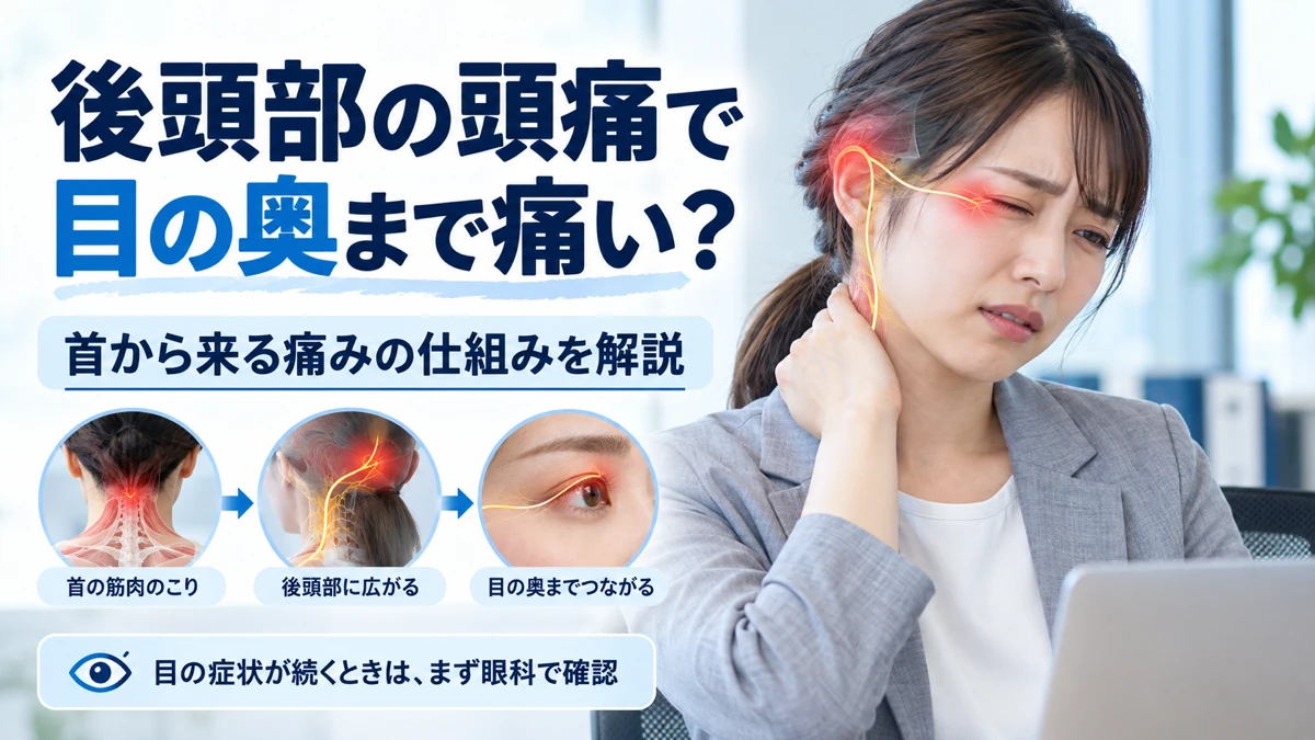 後頭部の頭痛と目の奥の痛みが首から伝わる仕組みを示す医療教育画像