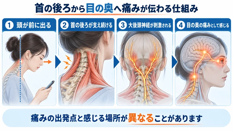 首の後ろから後頭部と目の奥へ痛みが伝わる仕組みを4段階で示した図解