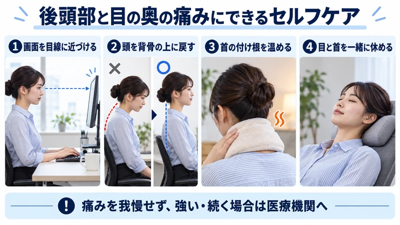 後頭部と目の奥の痛みに対する画面調整姿勢リセット温熱と休息の方法