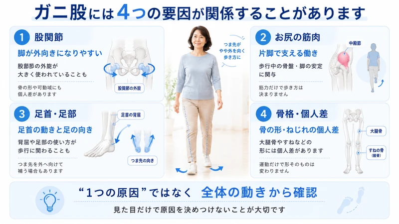 ガニ股に関わる股関節お尻の筋肉足首足部骨格の4つの要因を示した図解