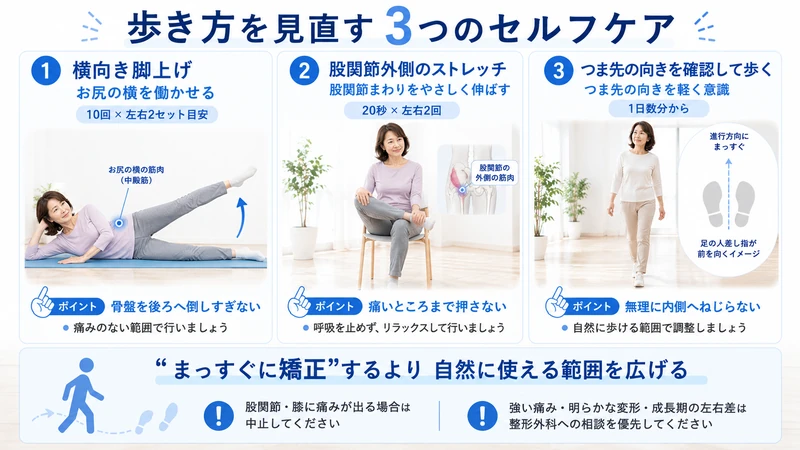 ガニ股の歩き方を見直す横向き脚上げ股関節ストレッチつま先方向確認の3つのセルフケア