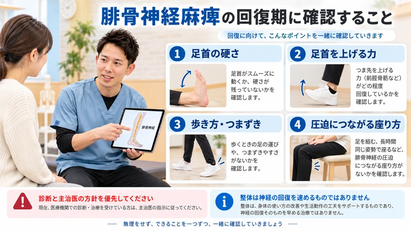 腓骨神経麻痺の回復期に足首の硬さ筋力歩き方座り方を理学療法士が確認する画像