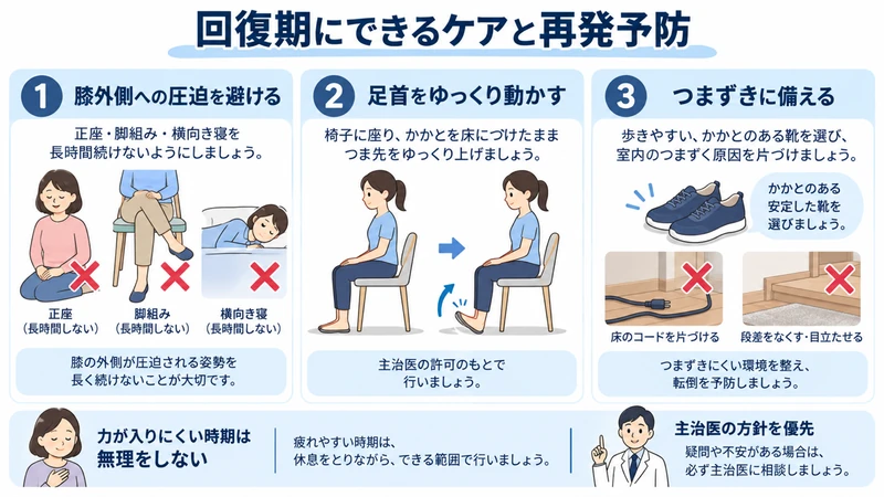 腓骨神経麻痺の回復期に圧迫を避け足首を動かし転倒を予防する方法を示す画像