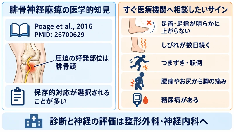 腓骨神経麻痺の医学的知見と足首の脱力やしびれなど受診サインを示す図解