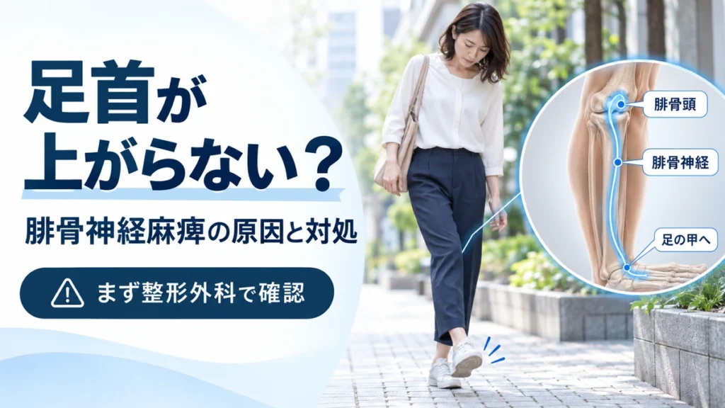 足首が上がらない症状と膝外側を通る腓骨神経の経路を示した医療教育画像