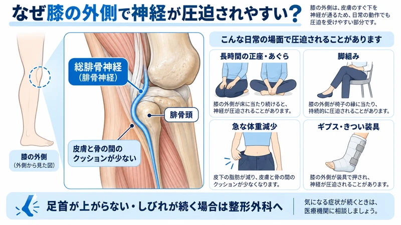 膝外側の腓骨頭表面を通る腓骨神経と日常生活で圧迫されやすい場面を示す図解