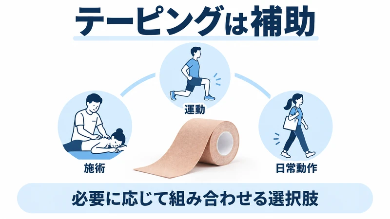 キネシオテーピングは運動や施術の代わりではなく補助的な選択肢と示す図解