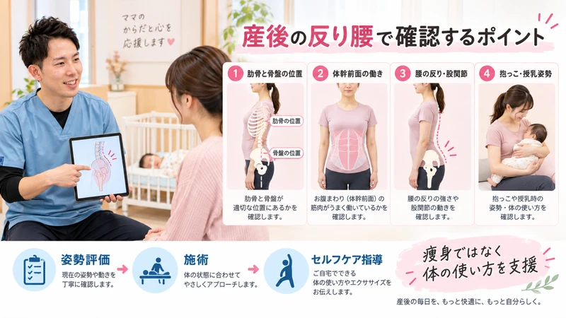 産後の反り腰で肋骨骨盤体幹腰股関節育児姿勢を理学療法士が確認する画像