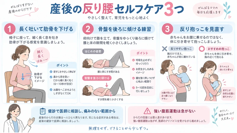 産後の反り腰に対する呼吸骨盤運動抱っこ姿勢のセルフケア画像