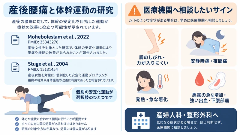 産後腰痛と体幹運動の研究およびしびれ発熱出血など受診サインを示す図解