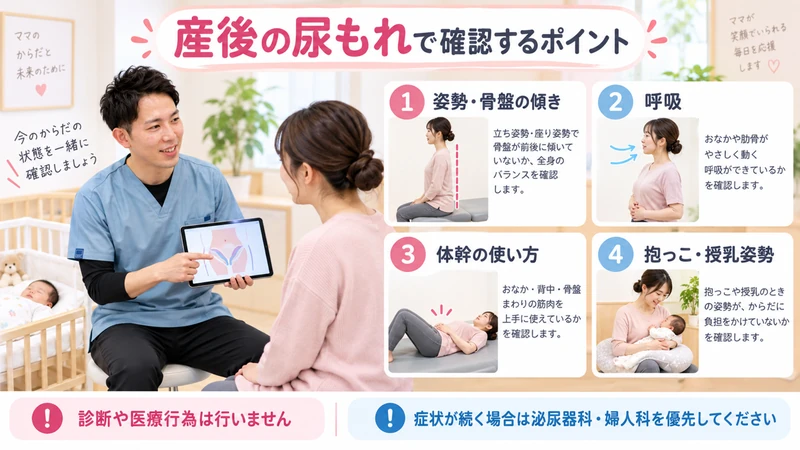 産後の尿もれで姿勢骨盤呼吸体幹と抱っこ授乳姿勢を理学療法士が確認する画像