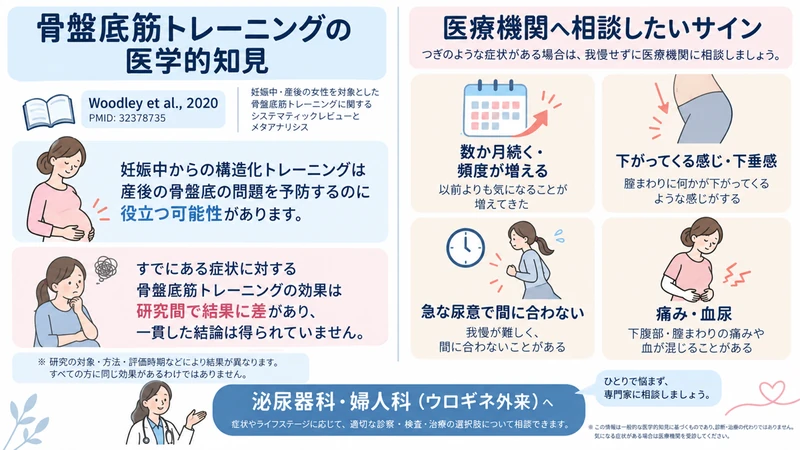 骨盤底筋トレーニングの医学的知見と産後の尿もれで受診したいサインを示す図解