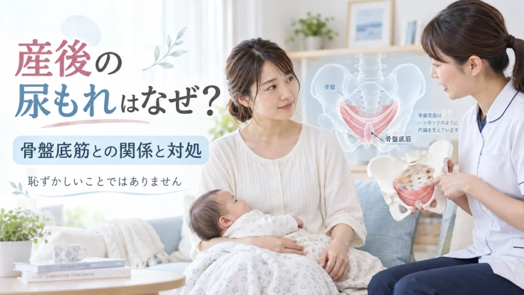 産後の尿もれと骨盤底筋の関係を医療従事者が説明する医療教育画像