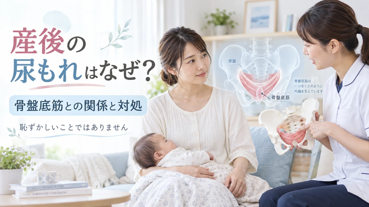 産後の尿もれと骨盤底筋の関係を医療従事者が説明する医療教育画像