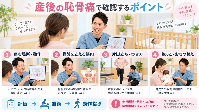 産後の恥骨痛で痛む動作筋肉歩き方育児動作を理学療法士が確認する画像