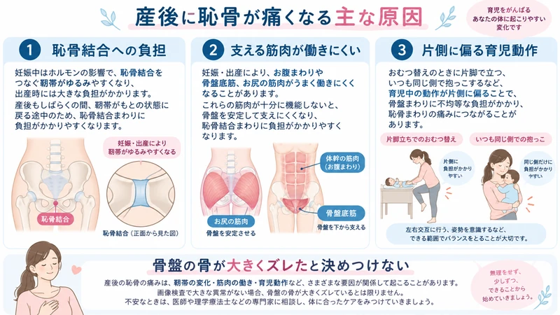 産後の恥骨痛に関わる恥骨結合筋肉育児動作の3要因を示す図解