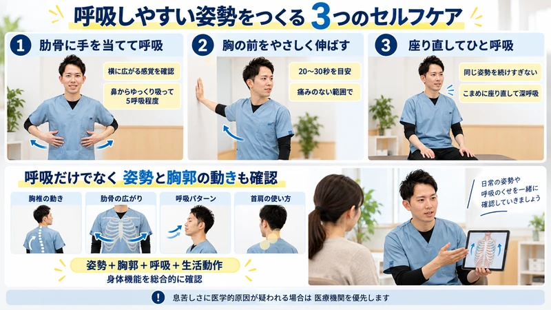 猫背で呼吸が浅いと感じる方の肋骨呼吸胸のストレッチ姿勢リセットと理学療法士の評価を示す図解