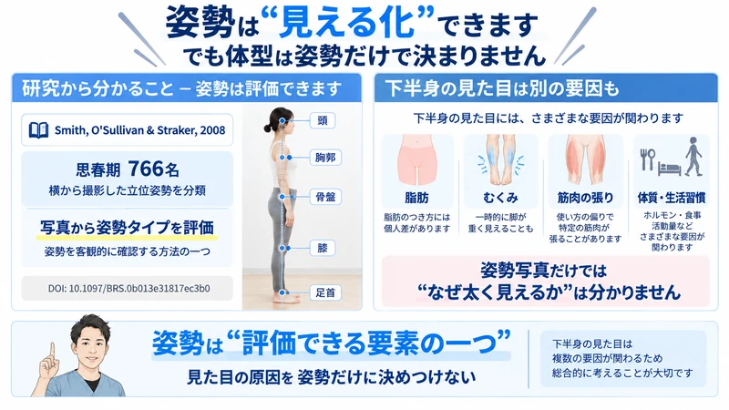 姿勢写真による姿勢評価研究と下半身の見た目には脂肪むくみなど別要因もあることを示した図解