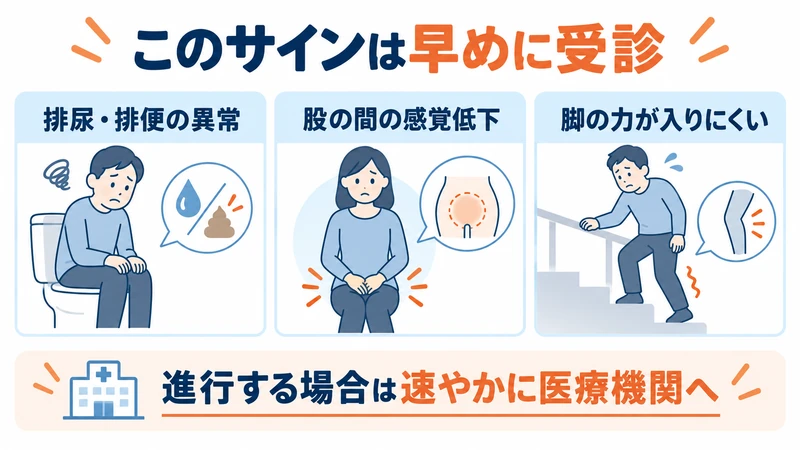 腰痛で排尿排便異常や股の感覚低下や進行する脚の脱力など緊急受診サインの図解