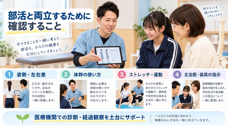 側弯症の部活動との両立について理学療法士が姿勢体幹運動と主治医の指示を確認する画像