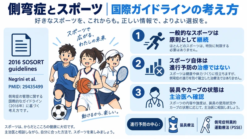 側弯症とスポーツ活動に関する国際ガイドラインの考え方を示した医療教育図解