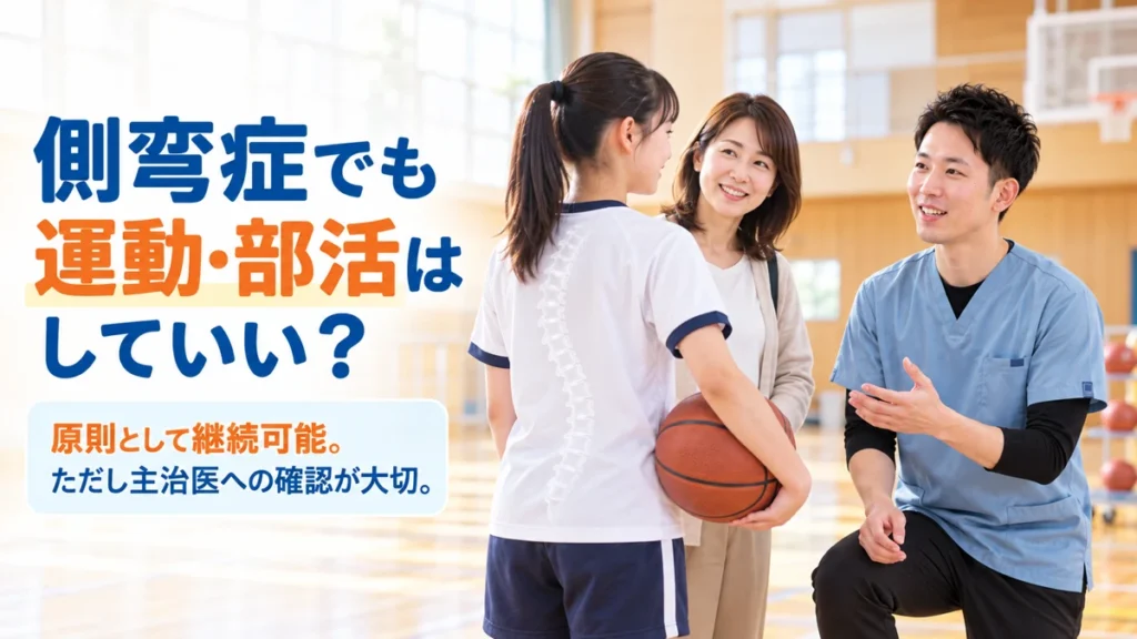側弯症でも運動や部活を続けてよいか理学療法士へ相談する女子中高生と保護者の画像