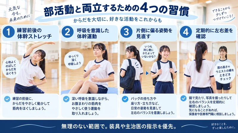 側弯症の部活動と両立する体幹ストレッチ呼吸運動姿勢確認の習慣を示す画像
