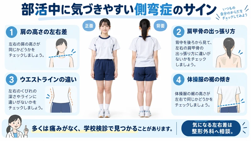 部活中に気づきやすい肩や肩甲骨ウエスト体操服の左右差を示す側弯症の図解