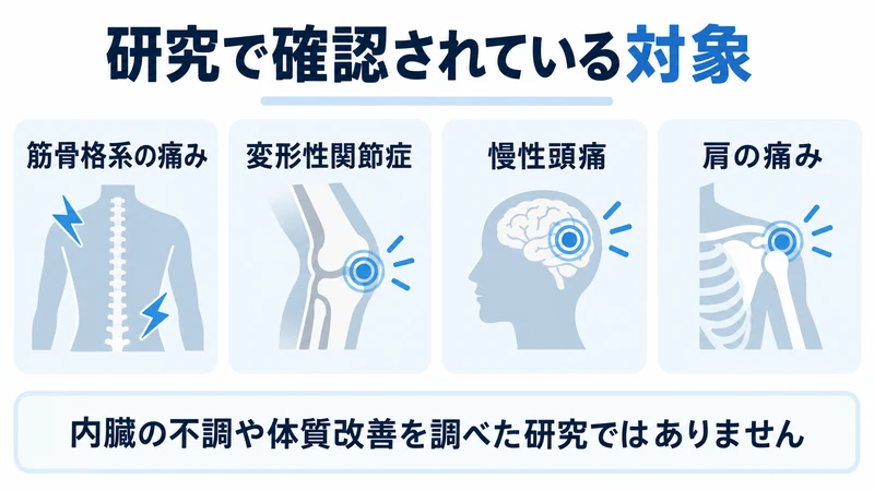鍼の研究対象となる筋骨格系の痛み変形性関節症慢性頭痛肩の痛みの図解