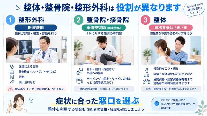 整体整骨院整形外科の資格と役割の違いを比較した患者向け図解