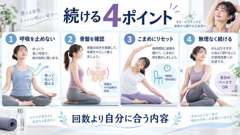 ヨガやピラティスを続ける呼吸骨盤確認姿勢リセットと無理のない継続の図解