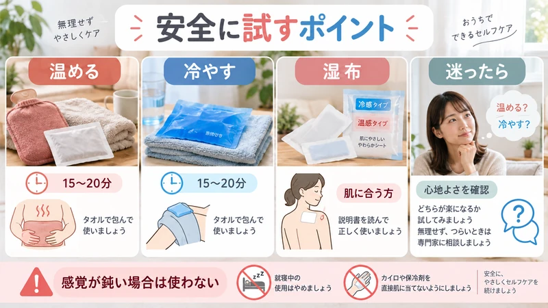 温める冷やす湿布の安全な使い方と心地よさを確認するポイントの図解