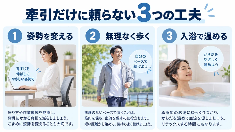 腰痛で牽引だけに頼らず姿勢変更歩行入浴を取り入れるセルフケア図解