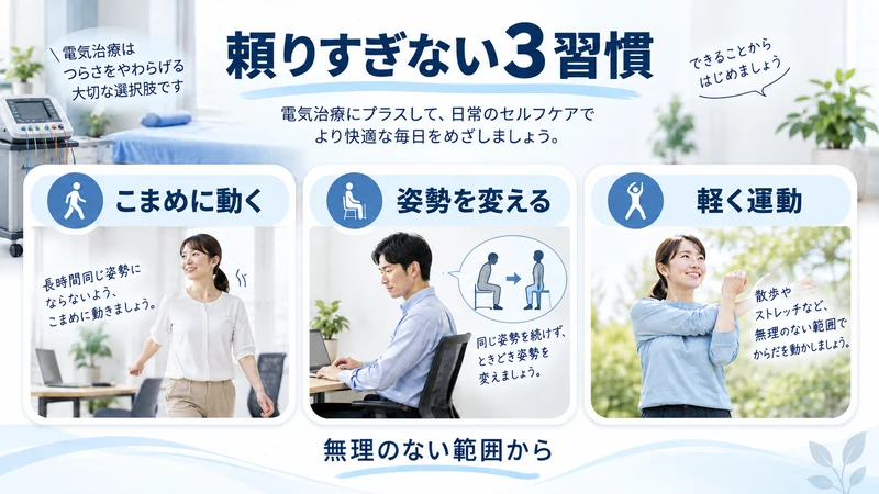 電気治療に頼りすぎないためのこまめな運動姿勢変更と軽い運動の図解