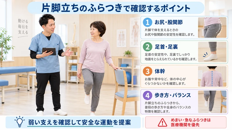 片脚立ちのふらつきで股関節足首体幹歩行バランスを理学療法士が確認する図解