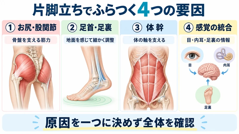 片脚立ちでふらつくお尻股関節足首足裏体幹感覚統合の4要因を示す図解