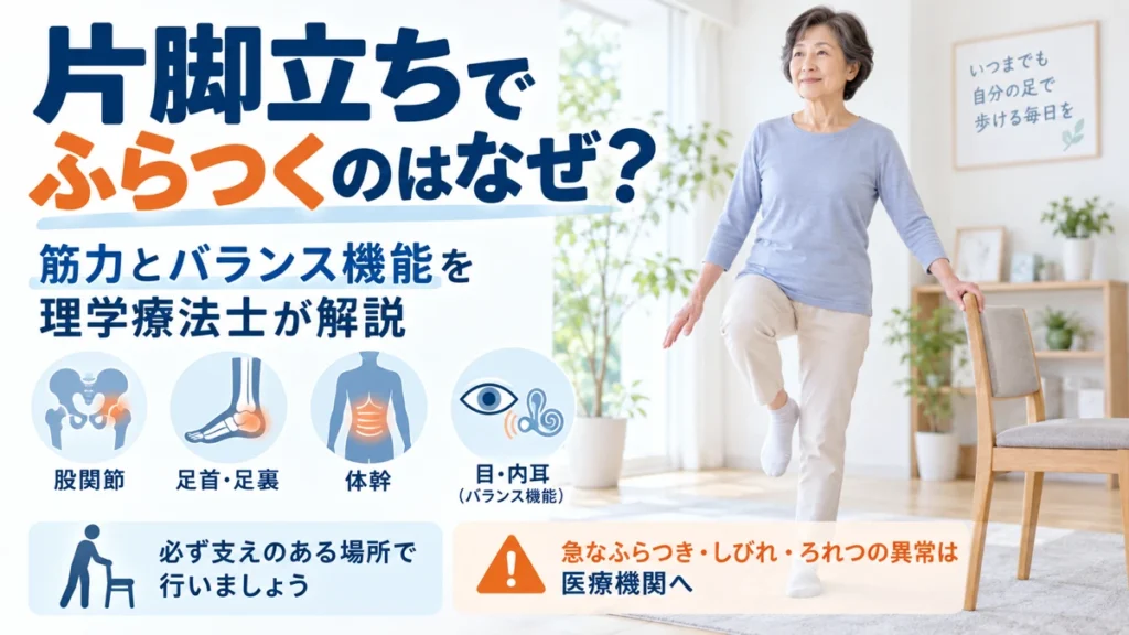 片脚立ちでふらつく原因と筋力やバランス機能の関係を示した医療教育画像