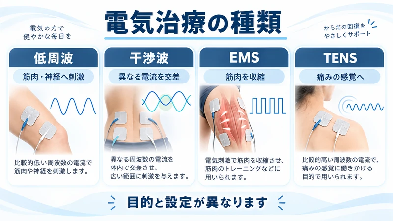 低周波干渉波EMSとTENSの違いを示した電気治療の種類の図解