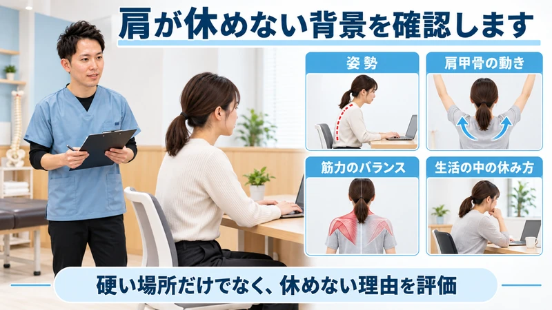 肩こりで姿勢肩甲骨の動き筋力と生活中の休み方を理学療法士が確認する画像