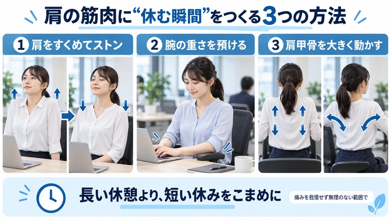 肩をすくめて落とす腕を預ける肩甲骨を動かす3つのセルフケア画像