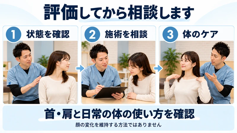評価から施術と体のケアの説明へ進む流れを示した図解