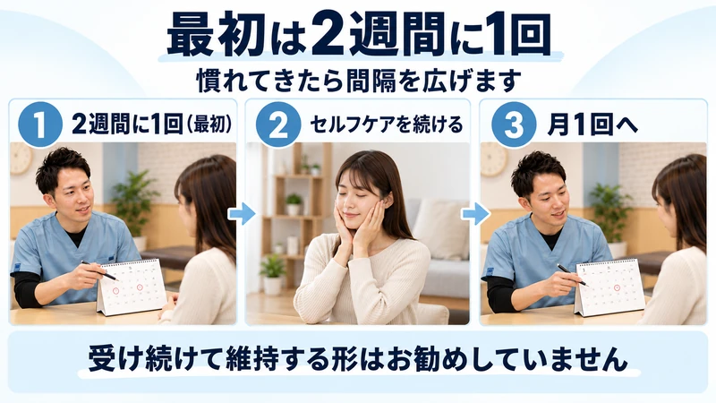 小顔矯正の通い方を2週間に1回から月1回へ広げる流れを示した図解
