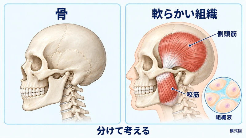 骨の形を変えることと軟らかい組織やむくみの変化を分けて考える図解