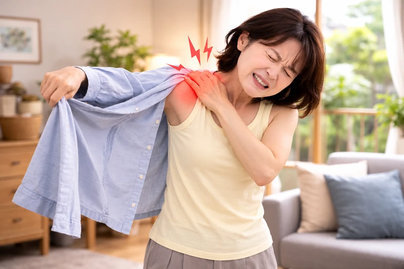 肩の痛みで服を着る動作ができない女性(五十肩のイメージ)