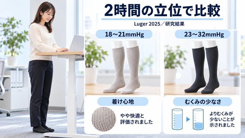 2時間の立位で着圧の強さによりむくみの減り方が違ったことを示す図解