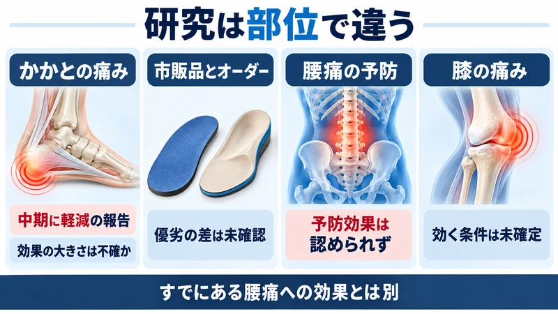 かかとの痛み市販品とオーダー腰痛予防膝の痛みの研究結果を分けた図解