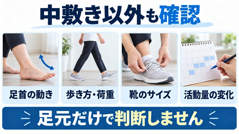 足首の動き歩き方荷重靴のサイズ活動量の4つの確認項目を示す図解
