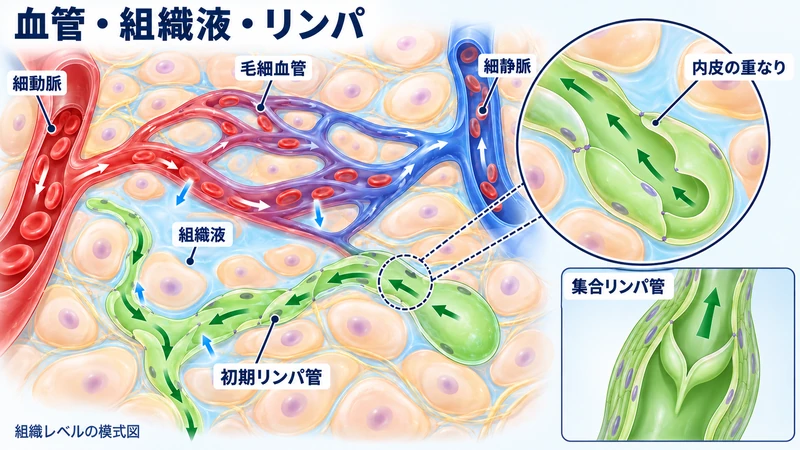 むくみは組織の間に余分な水分がたまる状態であることを示す図解