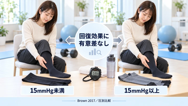 着圧の強さと運動後の回復効果に差がつかなかったことを示す図解